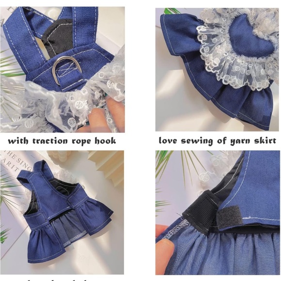 Dog Dress Harness with Leash Set, Lace Love Denim Pet Dresses, Puppy (Dark Blue) - Picture 2 of 8